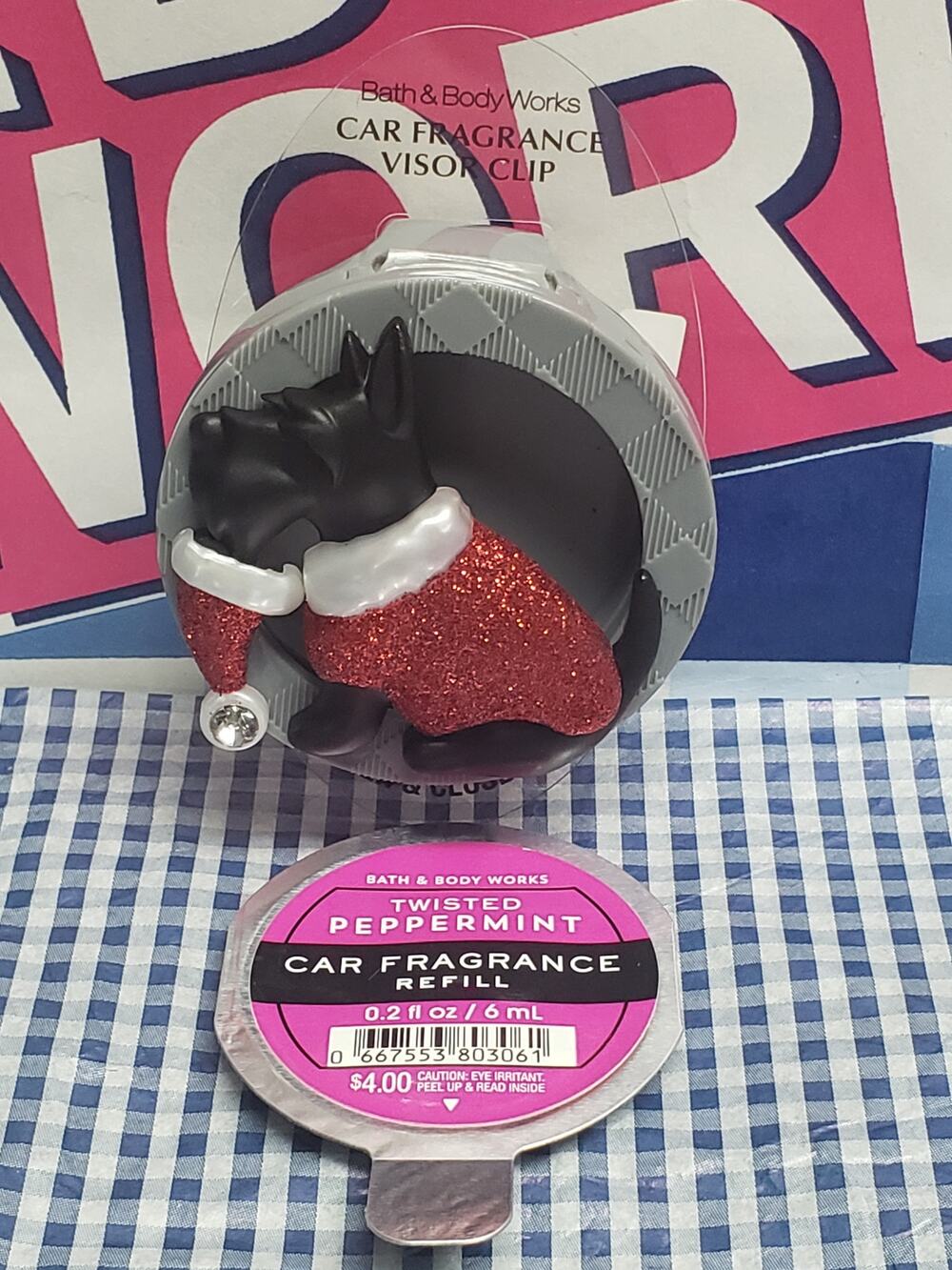 BBW Holidog Scottish Terrier Dog Santa Hat Visor Clip Car Fragrance Holder Refil